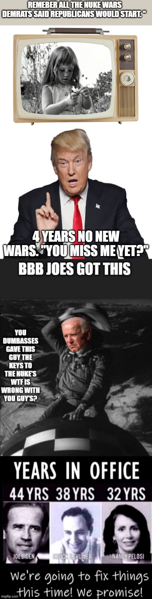 WARMONGER DEMrats | REMEBER ALL THE NUKE WARS DEMRATS SAID REPUBLICANS WOULD START. "; 4 YEARS NO NEW WARS. "YOU MISS ME YET?" | image tagged in nuke | made w/ Imgflip meme maker