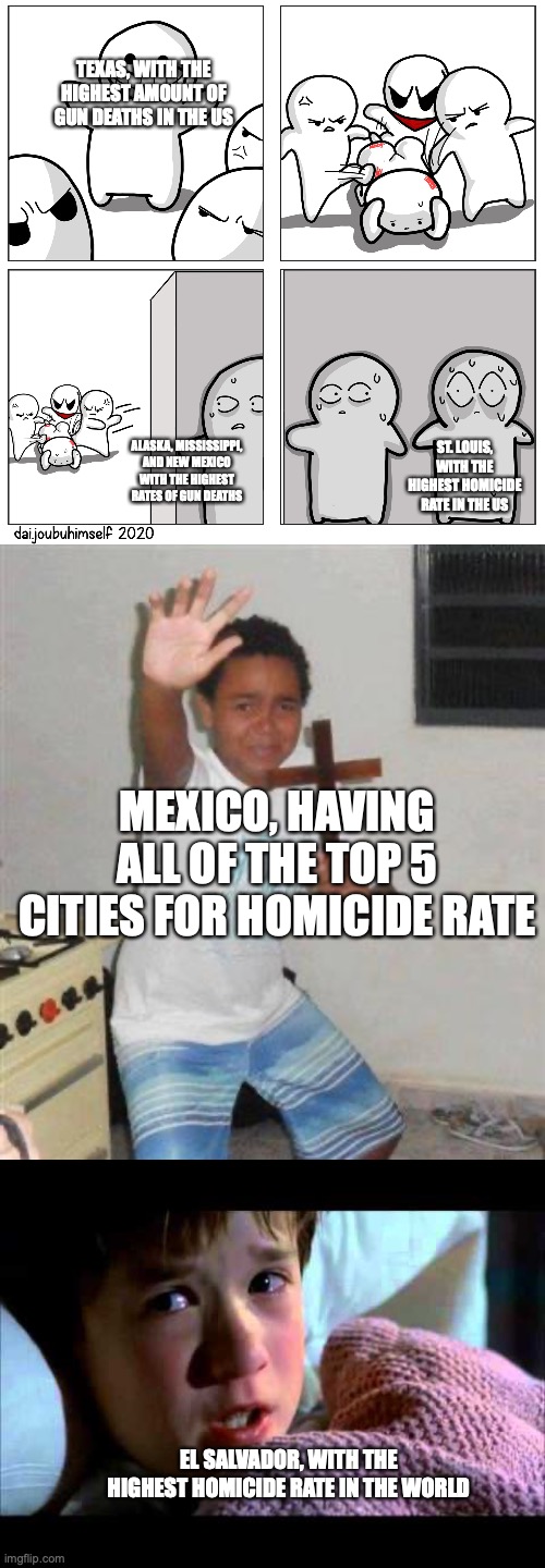 El Salvador probably isn't doing to well | TEXAS, WITH THE HIGHEST AMOUNT OF GUN DEATHS IN THE US; ALASKA, MISSISSIPPI, AND NEW MEXICO WITH THE HIGHEST RATES OF GUN DEATHS; ST. LOUIS, WITH THE HIGHEST HOMICIDE RATE IN THE US; MEXICO, HAVING ALL OF THE TOP 5 CITIES FOR HOMICIDE RATE; EL SALVADOR, WITH THE HIGHEST HOMICIDE RATE IN THE WORLD | image tagged in toons scared of getting beat up,scared kid,i see dead people | made w/ Imgflip meme maker