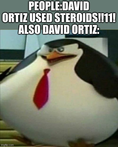 E | PEOPLE:DAVID ORTIZ USED STEROIDS!!11!
ALSO DAVID ORTIZ: | image tagged in fat penguin | made w/ Imgflip meme maker