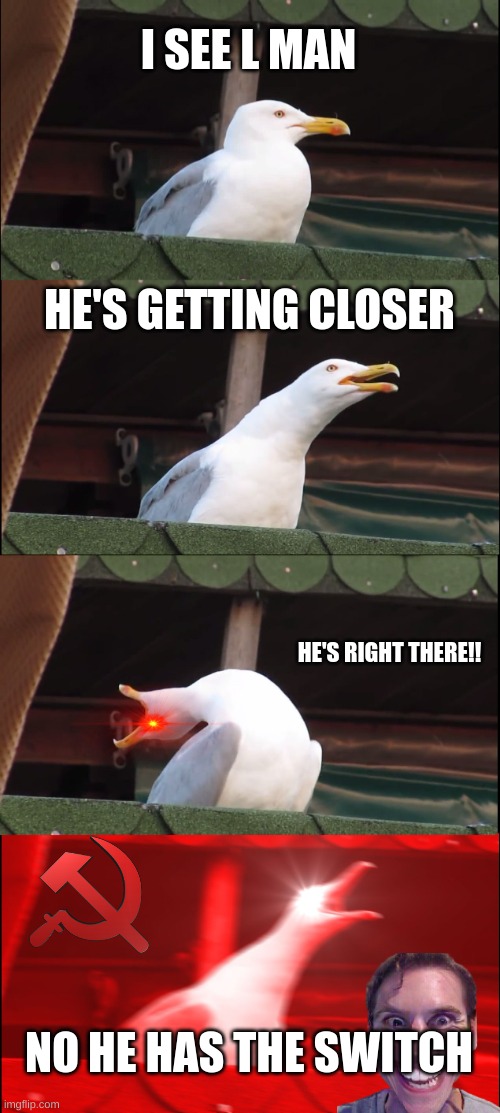 Inhaling Seagull | I SEE L MAN; HE'S GETTING CLOSER; HE'S RIGHT THERE!! NO HE HAS THE SWITCH | image tagged in memes,inhaling seagull | made w/ Imgflip meme maker