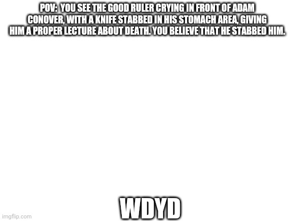 Blank White Template | POV:  YOU SEE THE GOOD RULER CRYING IN FRONT OF ADAM CONOVER, WITH A KNIFE STABBED IN HIS STOMACH AREA, GIVING HIM A PROPER LECTURE ABOUT DEATH. YOU BELIEVE THAT HE STABBED HIM. WDYD | image tagged in blank white template | made w/ Imgflip meme maker