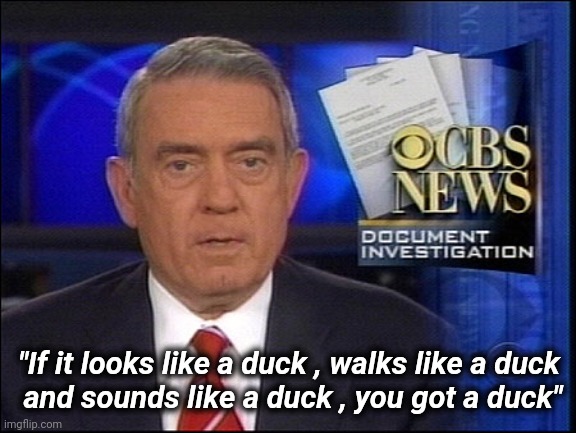 Dan Rather CBS | "If it looks like a duck , walks like a duck
 and sounds like a duck , you got a duck" | image tagged in dan rather cbs | made w/ Imgflip meme maker
