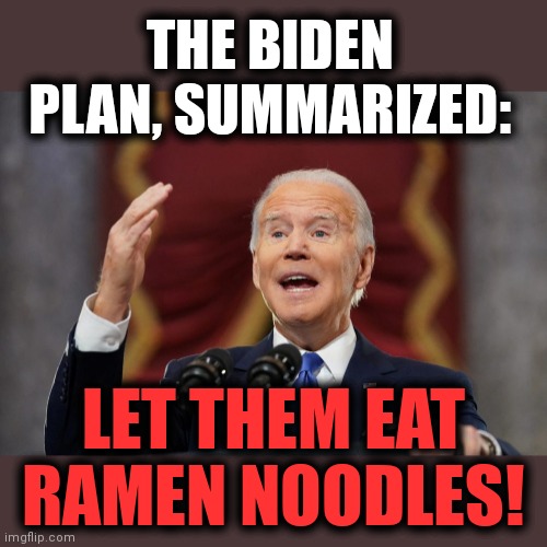Joe "Ramen Noodles" Biden | THE BIDEN PLAN, SUMMARIZED:; LET THEM EAT RAMEN NOODLES! | image tagged in memes,joe biden,ramen noodles,the biden plan,destroy america,democrats | made w/ Imgflip meme maker