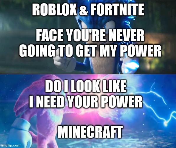 Sonic and Knuckles | ROBLOX & FORTNITE; FACE YOU'RE NEVER GOING TO GET MY POWER; DO I LOOK LIKE I NEED YOUR POWER; MINECRAFT | image tagged in sonic and knuckles | made w/ Imgflip meme maker