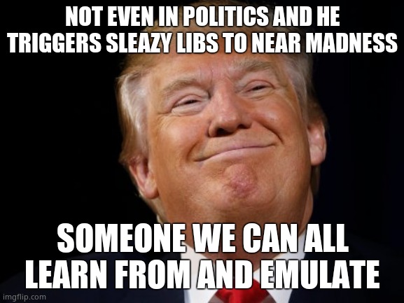 Like him or hate him, he's broken scuzzy libs and that's certainly admirable. F__k libs. F__k them all. |  NOT EVEN IN POLITICS AND HE TRIGGERS SLEAZY LIBS TO NEAR MADNESS; SOMEONE WE CAN ALL LEARN FROM AND EMULATE | image tagged in smug trump | made w/ Imgflip meme maker