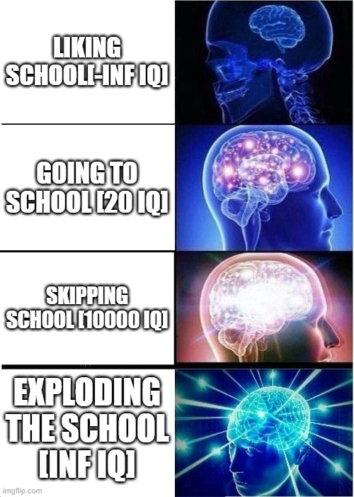 Expanding Brain | LIKING SCHOOL[-INF IQ]; GOING TO SCHOOL [20 IQ]; SKIPPING SCHOOL [10000 IQ]; EXPLODING THE SCHOOL [INF IQ] | image tagged in memes,expanding brain | made w/ Imgflip meme maker