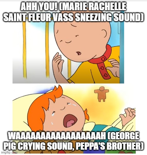Caillou sneezing like Marie Rachelle Saint Fleur Vass/Rosie crying like George from Peppa Pig! | AHH YOU! (MARIE RACHELLE SAINT FLEUR VASS SNEEZING SOUND); WAAAAAAAAAAAAAAAAAH (GEORGE PIG CRYING SOUND, PEPPA'S BROTHER) | image tagged in caillou,peppa pig,crying | made w/ Imgflip meme maker