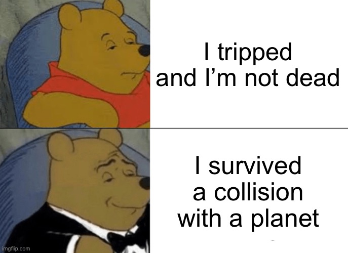 It’s all about perspective | I tripped and I’m not dead; I survived a collision with a planet | image tagged in memes,tuxedo winnie the pooh | made w/ Imgflip meme maker