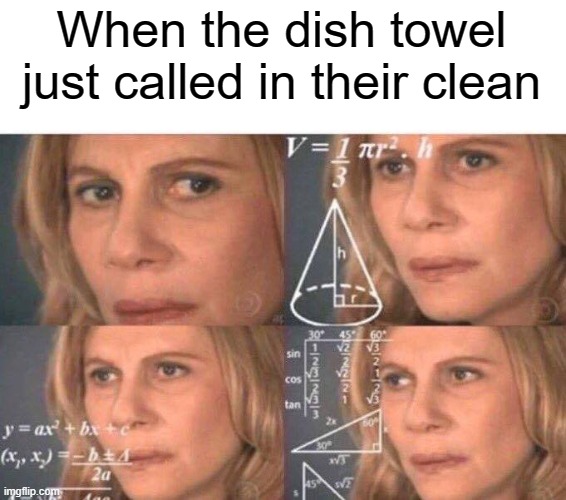 Dish towel that clean there | When the dish towel just called in their clean | image tagged in math lady/confused lady,memes | made w/ Imgflip meme maker
