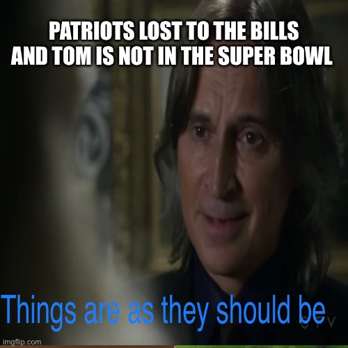 NFL parity |  PATRIOTS LOST TO THE BILLS AND TOM IS NOT IN THE SUPER BOWL | image tagged in superbowl,tom brady,new england patriots,bill belichick | made w/ Imgflip meme maker