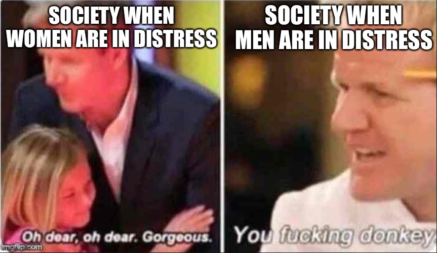 Yes ik I’m not funny | SOCIETY WHEN MEN ARE IN DISTRESS; SOCIETY WHEN WOMEN ARE IN DISTRESS | image tagged in oh dear oh dear gorgeous | made w/ Imgflip meme maker