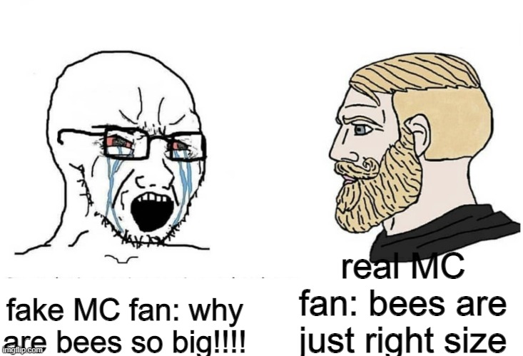 Soyboy Vs Yes Chad | real MC fan: bees are just right size; fake MC fan: why are bees so big!!!! | image tagged in soyboy vs yes chad | made w/ Imgflip meme maker