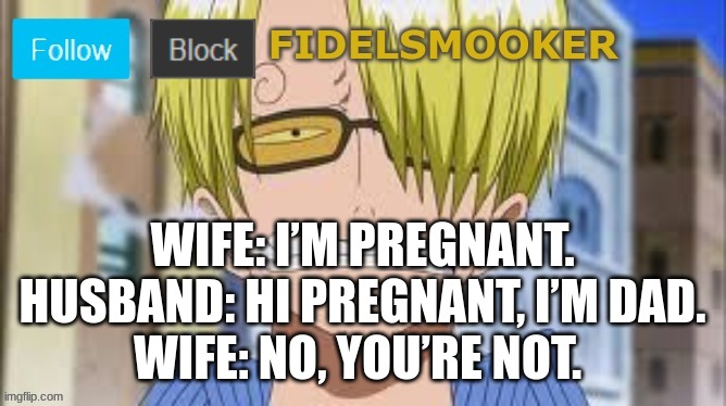 fidelsmooker | WIFE: I’M PREGNANT.
HUSBAND: HI PREGNANT, I’M DAD.
WIFE: NO, YOU’RE NOT. | image tagged in fidelsmooker | made w/ Imgflip meme maker