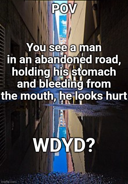 POV; You see a man in an abandoned road, holding his stomach and bleeding from the mouth, he looks hurt; WDYD? | image tagged in tags,these are the tags,you are reading the tags | made w/ Imgflip meme maker