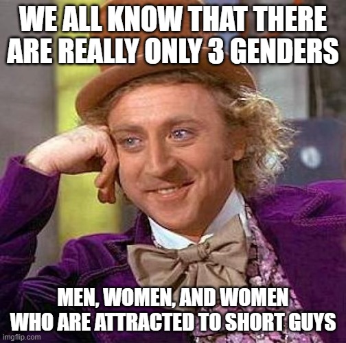 Creepy Condescending Wonka | WE ALL KNOW THAT THERE ARE REALLY ONLY 3 GENDERS; MEN, WOMEN, AND WOMEN WHO ARE ATTRACTED TO SHORT GUYS | image tagged in memes,creepy condescending wonka,genders,women,men,short | made w/ Imgflip meme maker