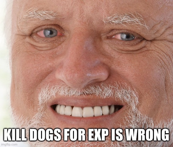 Hide the Pain Harold | KILL DOGS FOR EXP IS WRONG | image tagged in hide the pain harold | made w/ Imgflip meme maker