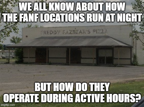 Do separate locations work differently? What personalities did each animatronic have?  Submit your ideas in the comments! | WE ALL KNOW ABOUT HOW THE FANF LOCATIONS RUN AT NIGHT; BUT HOW DO THEY OPERATE DURING ACTIVE HOURS? | image tagged in fnaf | made w/ Imgflip meme maker