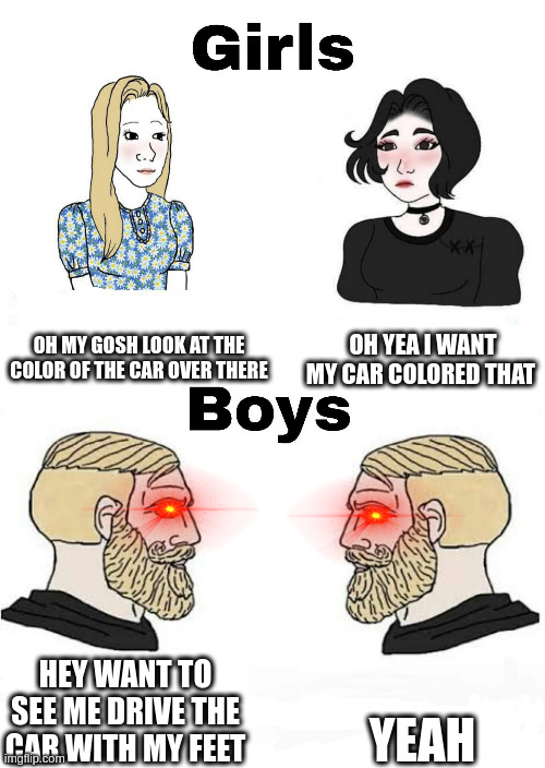 (The car) *Epic voice here*! | OH MY GOSH LOOK AT THE COLOR OF THE CAR OVER THERE; OH YEA I WANT MY CAR COLORED THAT; YEAH; HEY WANT TO SEE ME DRIVE THE CAR WITH MY FEET | image tagged in girls vs boys | made w/ Imgflip meme maker