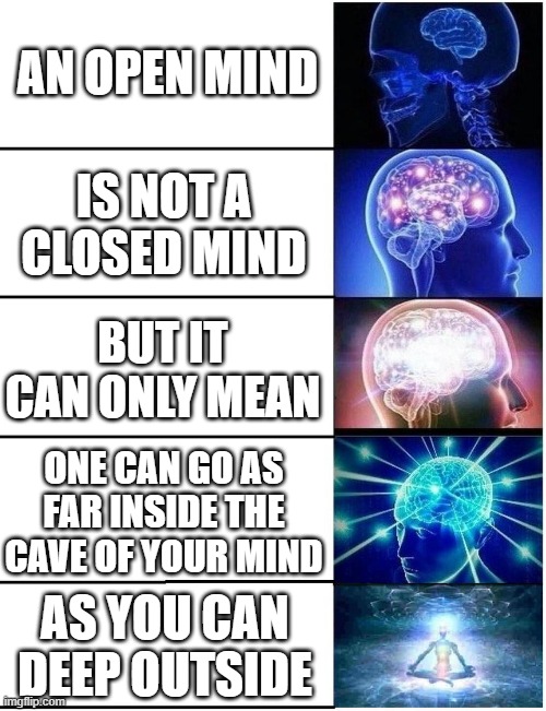 brain | AN OPEN MIND; IS NOT A CLOSED MIND; BUT IT CAN ONLY MEAN; ONE CAN GO AS FAR INSIDE THE CAVE OF YOUR MIND; AS YOU CAN DEEP OUTSIDE | image tagged in expanding brain 5 panel | made w/ Imgflip meme maker