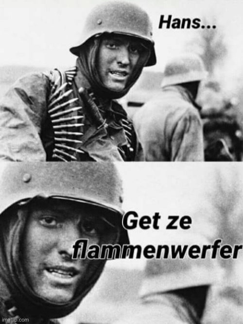 Hans get ze flammenwerfer | image tagged in hans get ze flammenwerfer | made w/ Imgflip meme maker