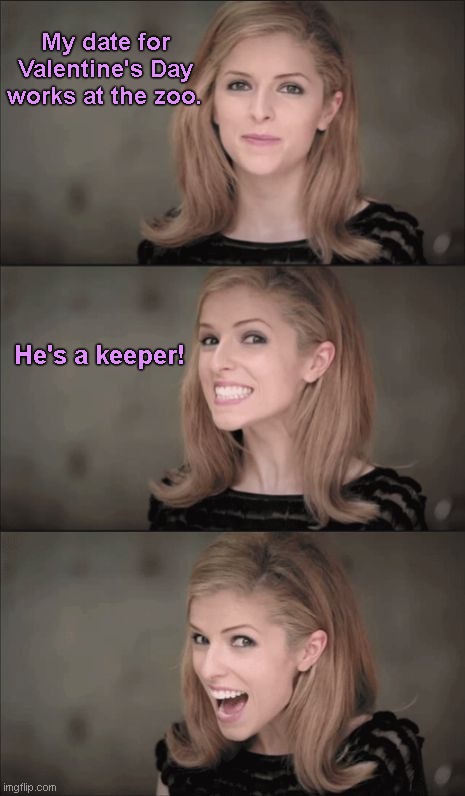 Bad Pun Anna Kendrick Meme | My date for Valentine's Day works at the zoo. He's a keeper! | image tagged in bad pun anna kendrick,memes,valentine's day,jokes,dating | made w/ Imgflip meme maker