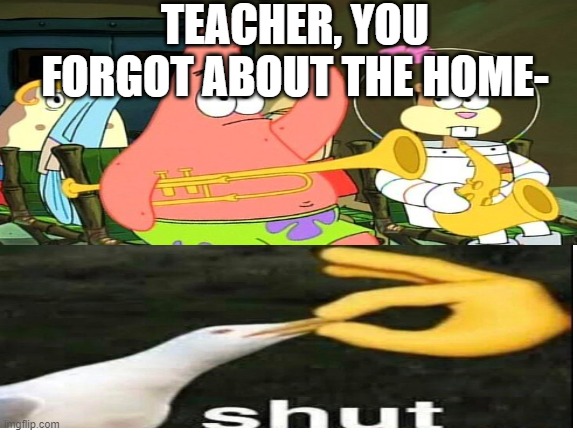 (creative title) | TEACHER, YOU FORGOT ABOUT THE HOME- | image tagged in idk | made w/ Imgflip meme maker