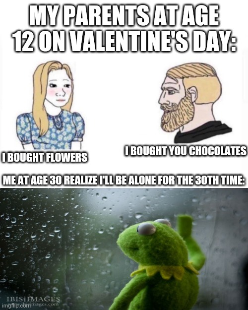 Valentine's day special | MY PARENTS AT AGE 12 ON VALENTINE'S DAY:; I BOUGHT YOU CHOCOLATES; I BOUGHT FLOWERS; ME AT AGE 30 REALIZE I'LL BE ALONE FOR THE 30TH TIME: | image tagged in my parents at age,valentine's day,happy valentine's day,single life | made w/ Imgflip meme maker