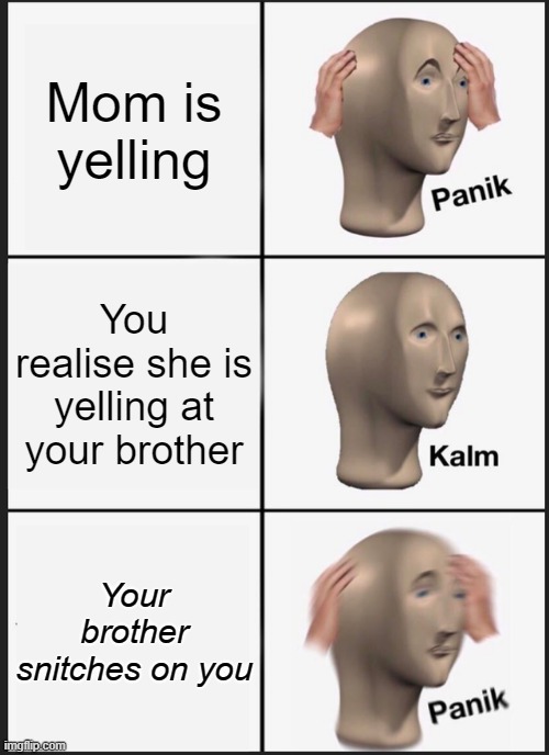 MOM IS YELLING | Mom is yelling; You realise she is yelling at your brother; Your brother snitches on you | image tagged in memes,panik kalm panik | made w/ Imgflip meme maker