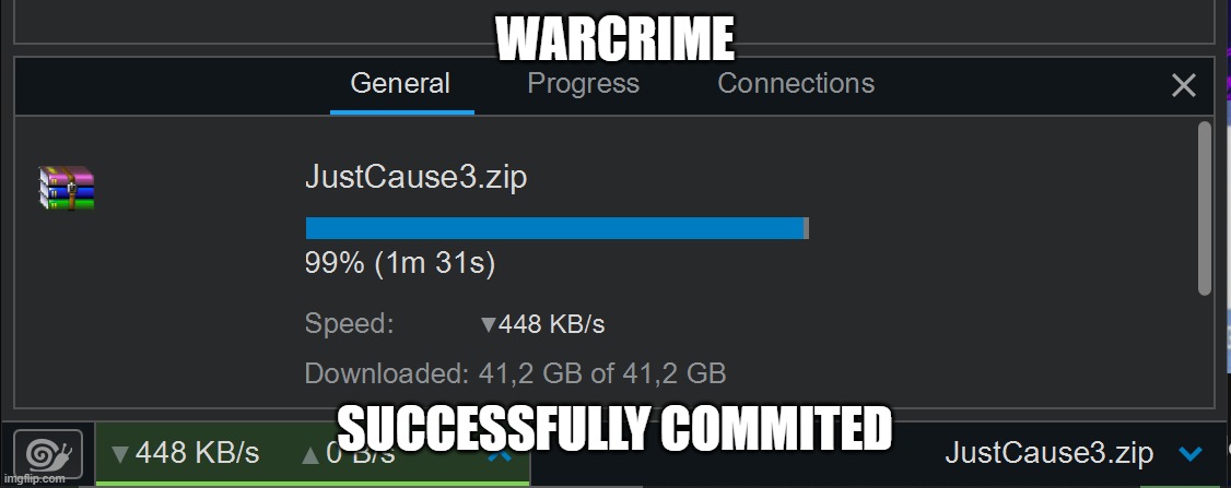 WARCRIME; SUCCESSFULLY COMMITED | image tagged in just cause,just cause 3,memes,meme,warcrime | made w/ Imgflip meme maker