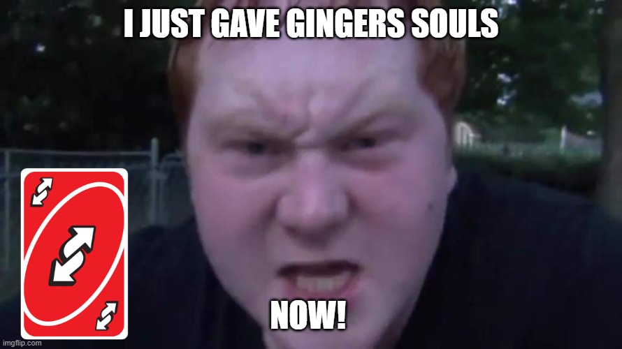 Angry ginger | I JUST GAVE GINGERS SOULS; NOW! | image tagged in angry ginger | made w/ Imgflip meme maker