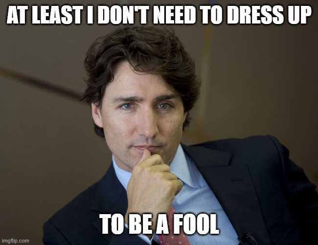 Justin Trudeau readiness | AT LEAST I DON'T NEED TO DRESS UP TO BE A FOOL | image tagged in justin trudeau readiness | made w/ Imgflip meme maker
