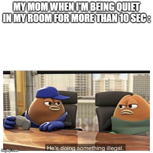 yes |  MY MOM WHEN I'M BEING QUIET IN MY ROOM FOR MORE THAN 10 SEC : | image tagged in he's doing something illegal,meme,mom,10 seconds,room | made w/ Imgflip meme maker