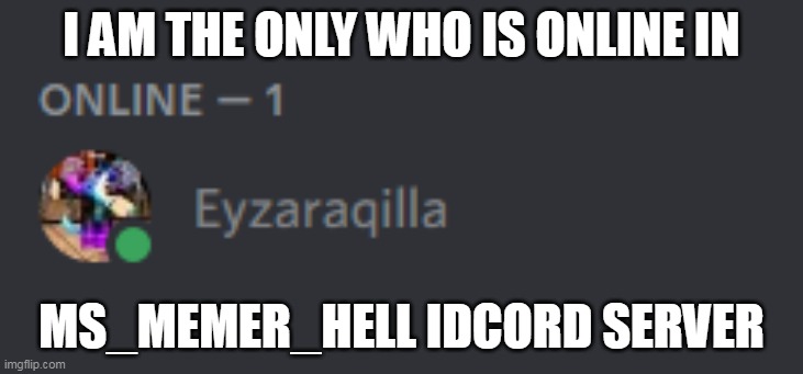 I AM THE ONLY WHO IS ONLINE IN; MS_MEMER_HELL IDCORD SERVER | made w/ Imgflip meme maker