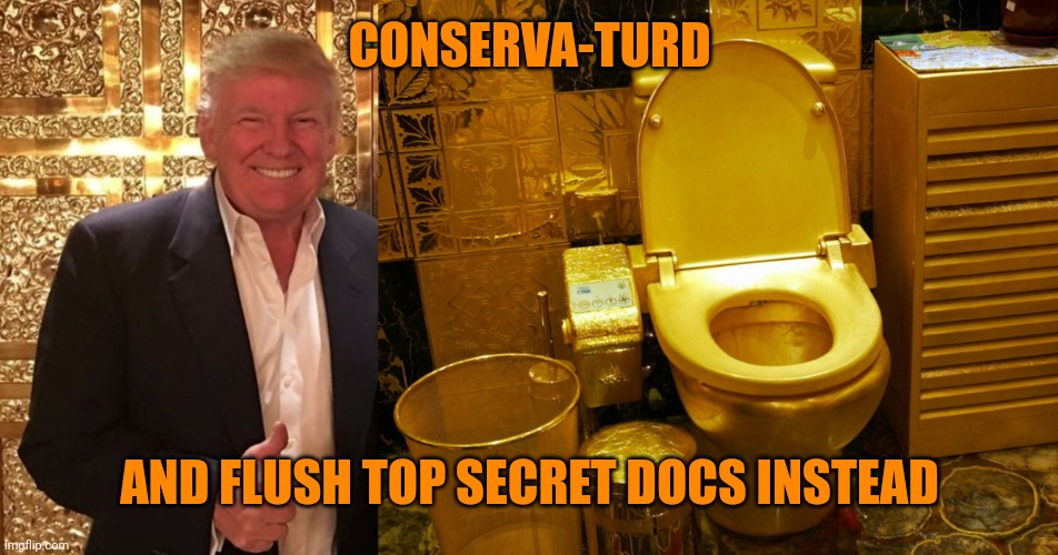Diaper don doing some paperwork | CONSERVA-TURD; AND FLUSH TOP SECRET DOCS INSTEAD | image tagged in trump's gold toilet the perfect gift for the man who's full of | made w/ Imgflip meme maker