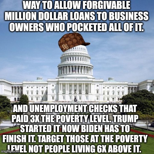 Scumbag Government | WAY TO ALLOW FORGIVABLE MILLION DOLLAR LOANS TO BUSINESS OWNERS WHO POCKETED ALL OF IT. AND UNEMPLOYMENT CHECKS THAT PAID 3X THE POVERTY LEVEL. TRUMP STARTED IT NOW BIDEN HAS TO FINISH IT. TARGET THOSE AT THE POVERTY LEVEL NOT PEOPLE LIVING 6X ABOVE IT. | image tagged in scumbag government | made w/ Imgflip meme maker