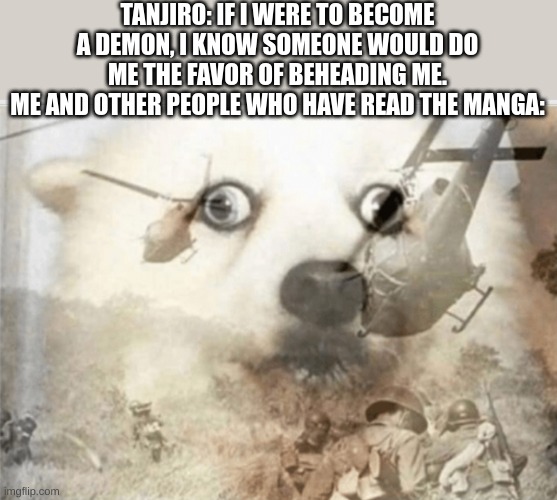 UUUHHHHHHH- *PTSD of final arc intensifies* | TANJIRO: IF I WERE TO BECOME A DEMON, I KNOW SOMEONE WOULD DO ME THE FAVOR OF BEHEADING ME.
ME AND OTHER PEOPLE WHO HAVE READ THE MANGA: | image tagged in ptsd dog,demon slayer,help | made w/ Imgflip meme maker
