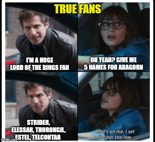 A measure of fandom | TRUE FANS; OH YEAH? GIVE ME 5 NAMES FOR ARAGORN; I'M A HUGE
LORD OF THE RINGS FAN; STRIDER, ELESSAR, THORONGIL, ESTEL, TELCONTAR | image tagged in brooklyn 99 set the bar too low,memes,lotr,aragorn,strider,fans | made w/ Imgflip meme maker