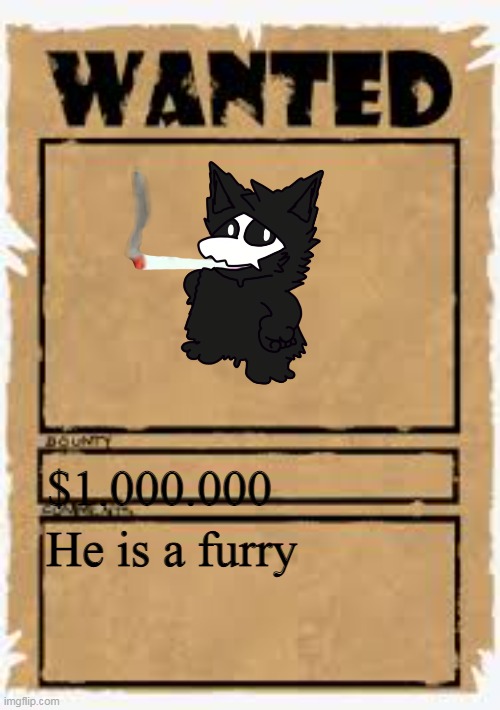 Wanted poster deluxe | $1.000.000; He is a furry | image tagged in wanted poster deluxe | made w/ Imgflip meme maker