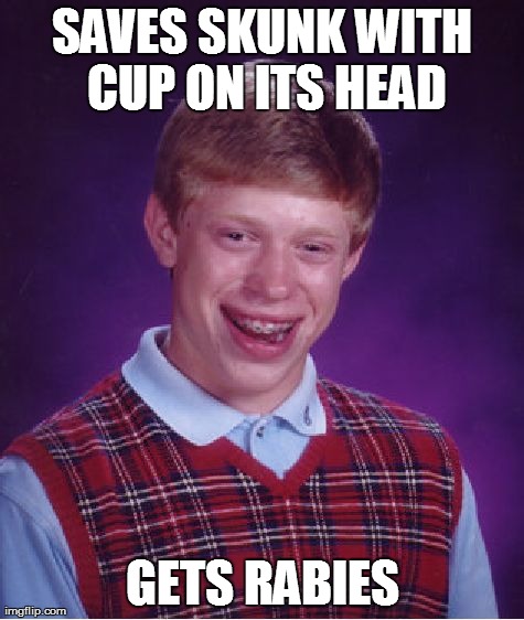 Bad Luck Brian Meme | SAVES SKUNK WITH CUP ON ITS HEAD GETS RABIES | image tagged in memes,bad luck brian | made w/ Imgflip meme maker