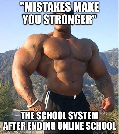 buff guy |  "MISTAKES MAKE YOU STRONGER"; THE SCHOOL SYSTEM AFTER ENDING ONLINE SCHOOL | image tagged in buff guy | made w/ Imgflip meme maker