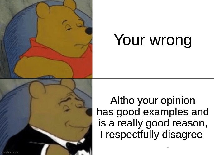 polite way | Your wrong; Altho your opinion has good examples and is a really good reason, I respectfully disagree | image tagged in memes,tuxedo winnie the pooh,funny,viral,respect | made w/ Imgflip meme maker