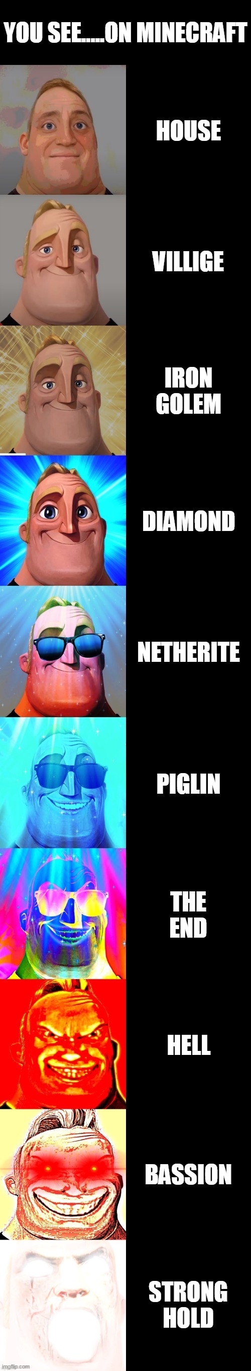 you see | YOU SEE.....ON MINECRAFT; HOUSE; VILLIGE; IRON GOLEM; DIAMOND; NETHERITE; PIGLIN; THE END; HELL; BASSION; STRONG HOLD | image tagged in mr incredible becoming canny | made w/ Imgflip meme maker