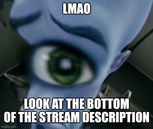 One eyed megamind | LMAO; LOOK AT THE BOTTOM OF THE STREAM DESCRIPTION | image tagged in one eyed megamind | made w/ Imgflip meme maker