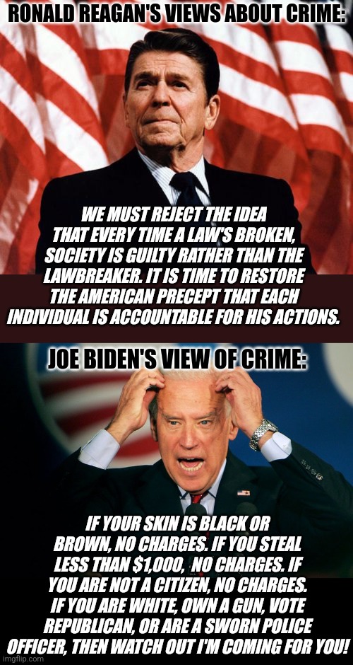 The difference between presidents can often be striking. Certainly when one is activly destroying the country too! | RONALD REAGAN'S VIEWS ABOUT CRIME:; WE MUST REJECT THE IDEA THAT EVERY TIME A LAW'S BROKEN, SOCIETY IS GUILTY RATHER THAN THE LAWBREAKER. IT IS TIME TO RESTORE THE AMERICAN PRECEPT THAT EACH INDIVIDUAL IS ACCOUNTABLE FOR HIS ACTIONS. JOE BIDEN'S VIEW OF CRIME:; IF YOUR SKIN IS BLACK OR BROWN, NO CHARGES. IF YOU STEAL LESS THAN $1,000,  NO CHARGES. IF YOU ARE NOT A CITIZEN, NO CHARGES. IF YOU ARE WHITE, OWN A GUN, VOTE REPUBLICAN, OR ARE A SWORN POLICE OFFICER, THEN WATCH OUT I'M COMING FOR YOU! | image tagged in reasonable reagan,joe biden,crime,guns,liberal logic,expectation vs reality | made w/ Imgflip meme maker