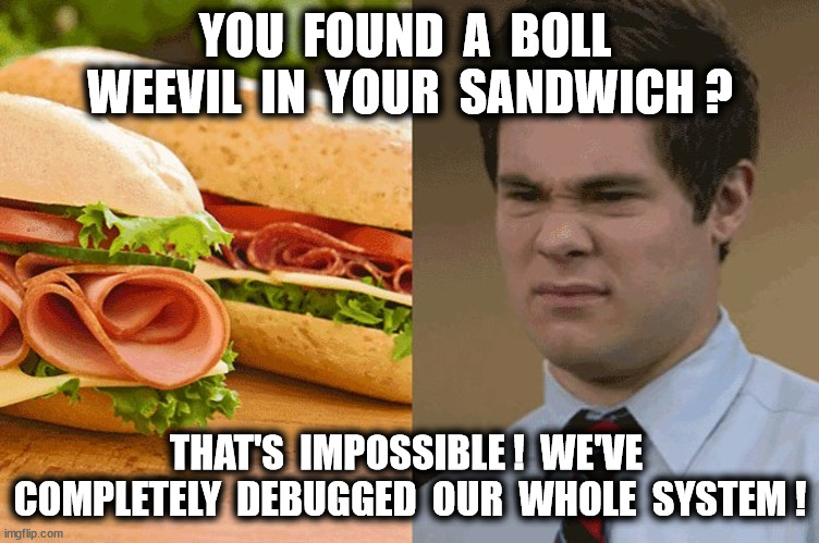 YOU  FOUND  A  BOLL  WEEVIL  IN  YOUR  SANDWICH ? THAT'S  IMPOSSIBLE !  WE'VE  COMPLETELY  DEBUGGED  OUR  WHOLE  SYSTEM ! | made w/ Imgflip meme maker