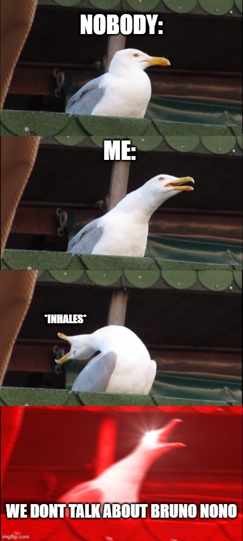 Me on spotify be like: | NOBODY:; ME:; *INHALES*; WE DONT TALK ABOUT BRUNO NONO | image tagged in memes,inhaling seagull,encanto | made w/ Imgflip meme maker