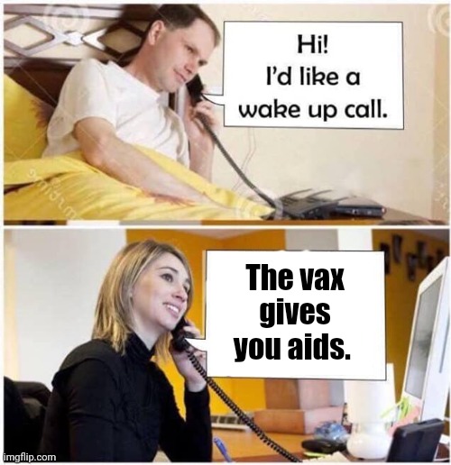 Blunt truth. | The vax gives you aids. | image tagged in wake up call - 2 panel | made w/ Imgflip meme maker