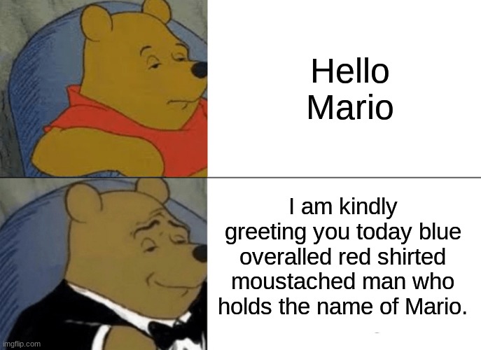 Tuxedo Winnie The Pooh | Hello Mario; I am kindly greeting you today blue overalled red shirted moustached man who holds the name of Mario. | image tagged in memes,tuxedo winnie the pooh | made w/ Imgflip meme maker