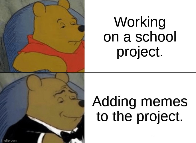 Tuxedo Winnie The Pooh | Working on a school project. Adding memes to the project. | image tagged in memes,tuxedo winnie the pooh | made w/ Imgflip meme maker