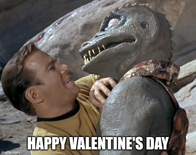 Happy Valentine's Day | HAPPY VALENTINE'S DAY | image tagged in valentine's day,star trek,captain kirk,gorn,funny meme | made w/ Imgflip meme maker